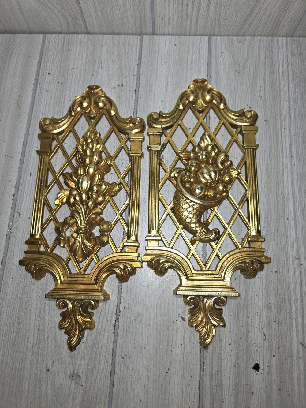 Vintage Pair Mid Century Syroco Cornucopia Wall Hanging 13.5" X 6" Regency